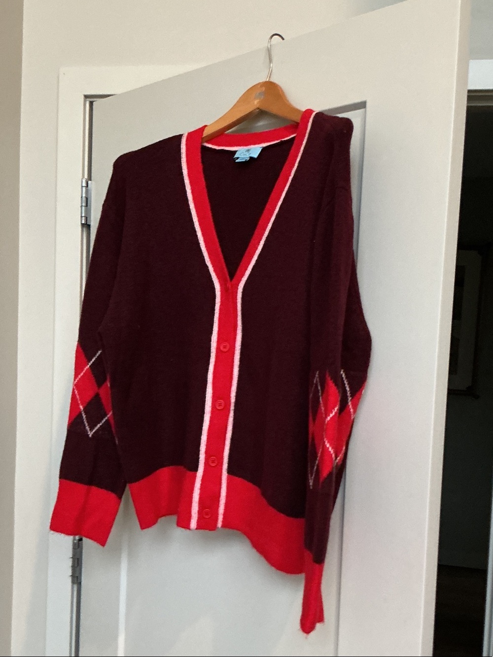 CeCe Burgundy and Red V-Neck Button Cardigan with Argyle Sleeves